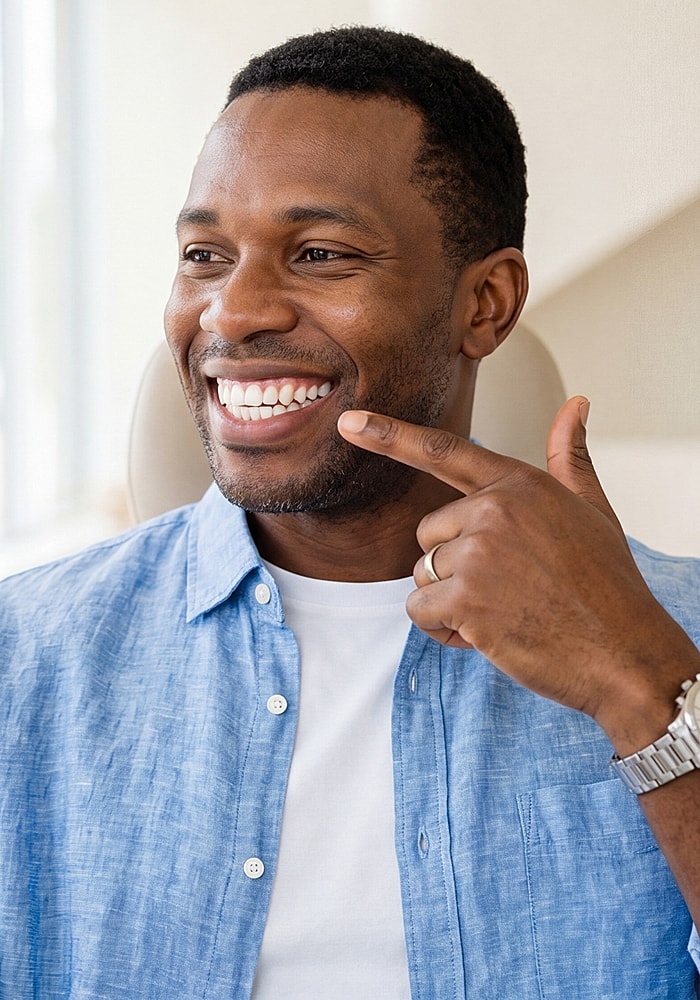 Smiling man pointing at his teeth.