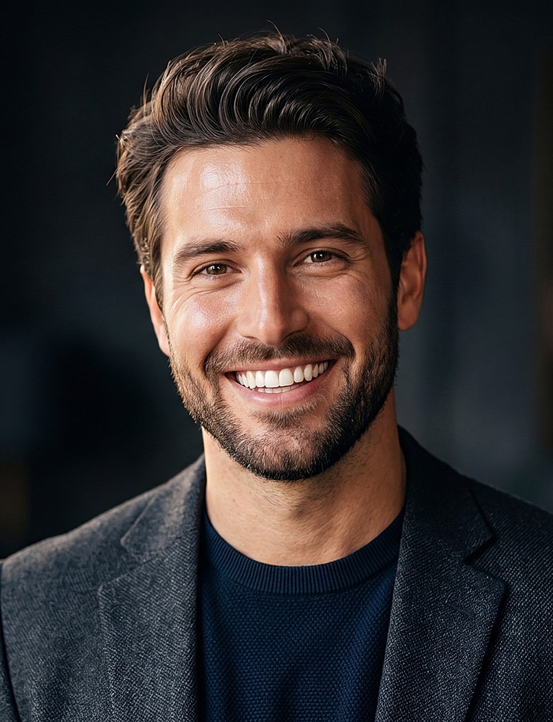 Smiling man in a blazer, indoor portrait.