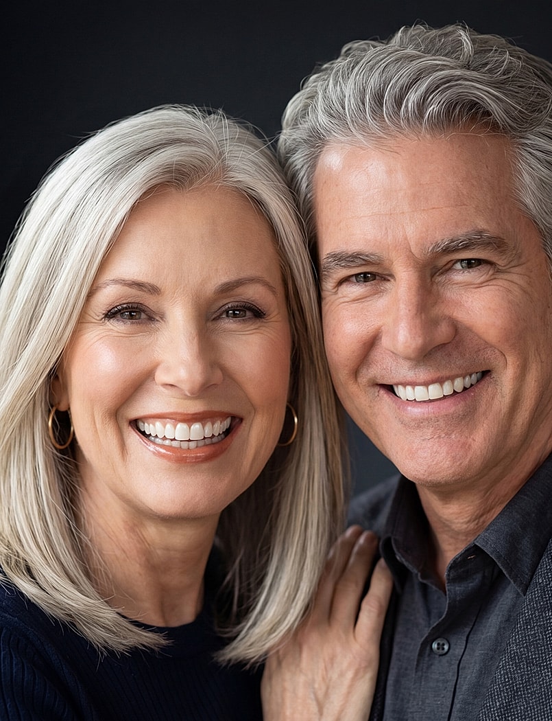 Happy older couple smiling close together.