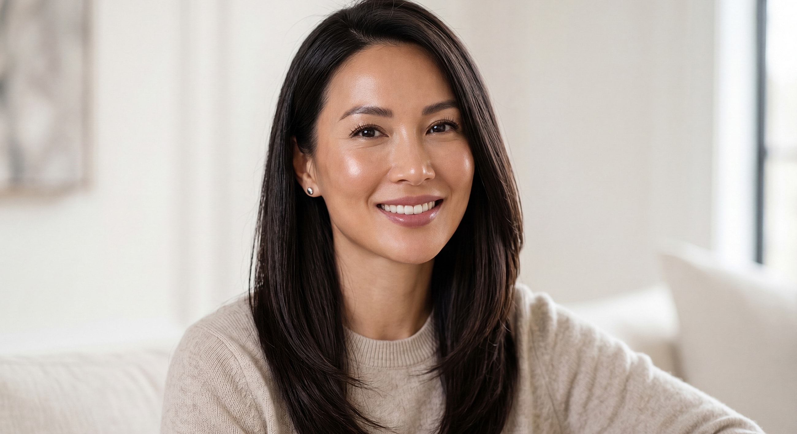Smiling woman with long dark hair indoors.